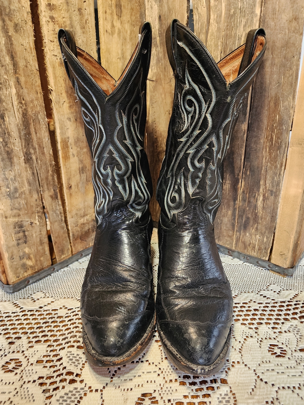 Tony Lama Black Leather Cowboy Boots with Light Blue Embroidery